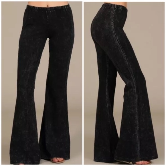 Black Boho Mineral Wash Flared Stretch Pants - Picture 1 of 6